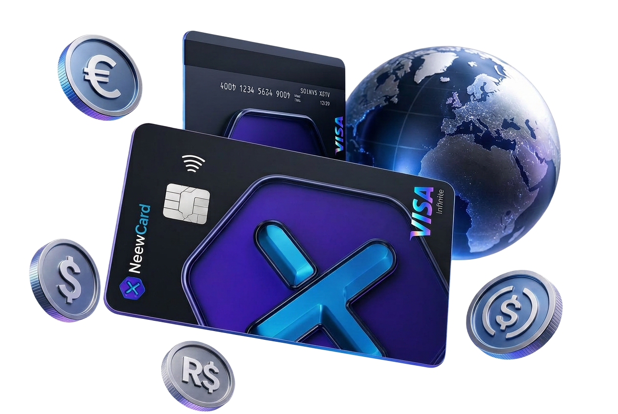 NeewCards com globo e moedas EUR, USD, BRL e USDC